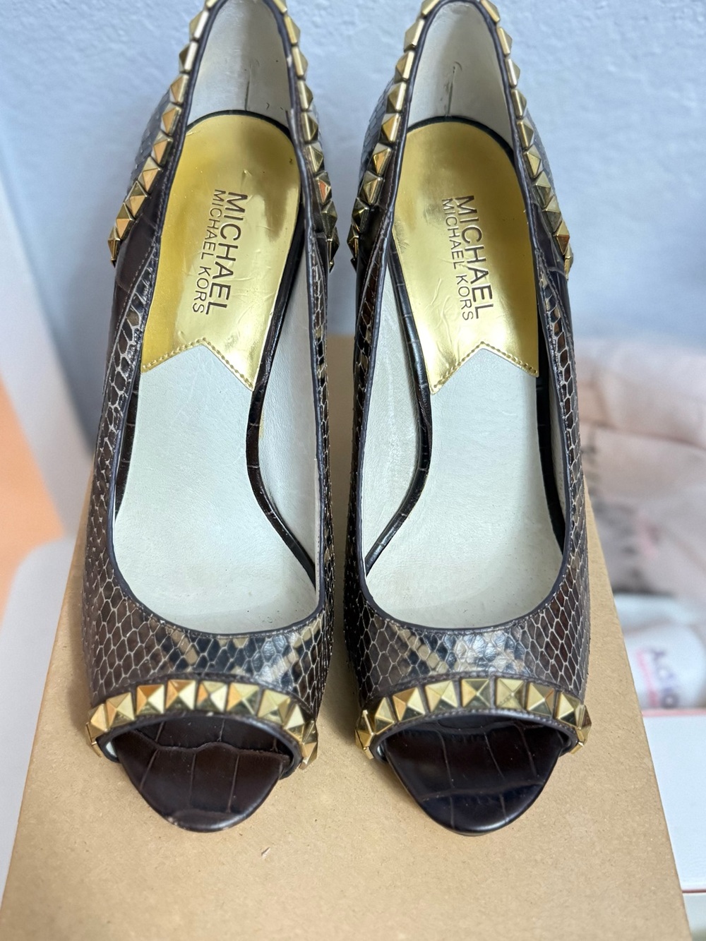 Michael Kors Dark Brown Faux-Snakeskin Peep-Toe Pumps with Gold Studs